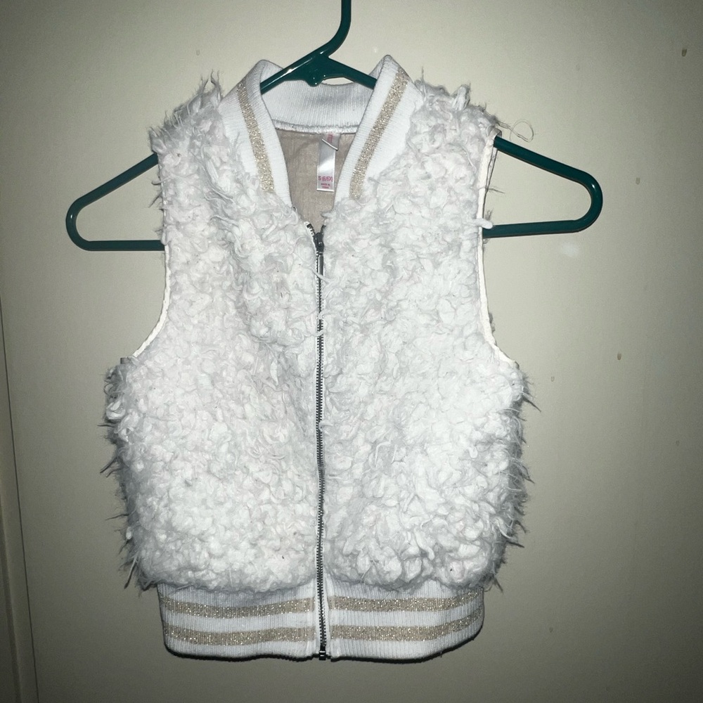 White Faux Fur Zip-Front Vest with Metallic Trim